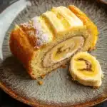Banana cake roll - the image shows a slice of banana bread on a brown plate. the bread is golden brown in color and has a crumbly texture. it is dusted with powdered sugar, giving it a shiny appearance. the banana slices are arranged in a circular pattern on top of the bread, creating a swirl-like design. the plate is sitting on a dark grey textured surface, possibly a table or countertop. a small piece of the banana bread is cut in half, revealing the creamy filling inside.