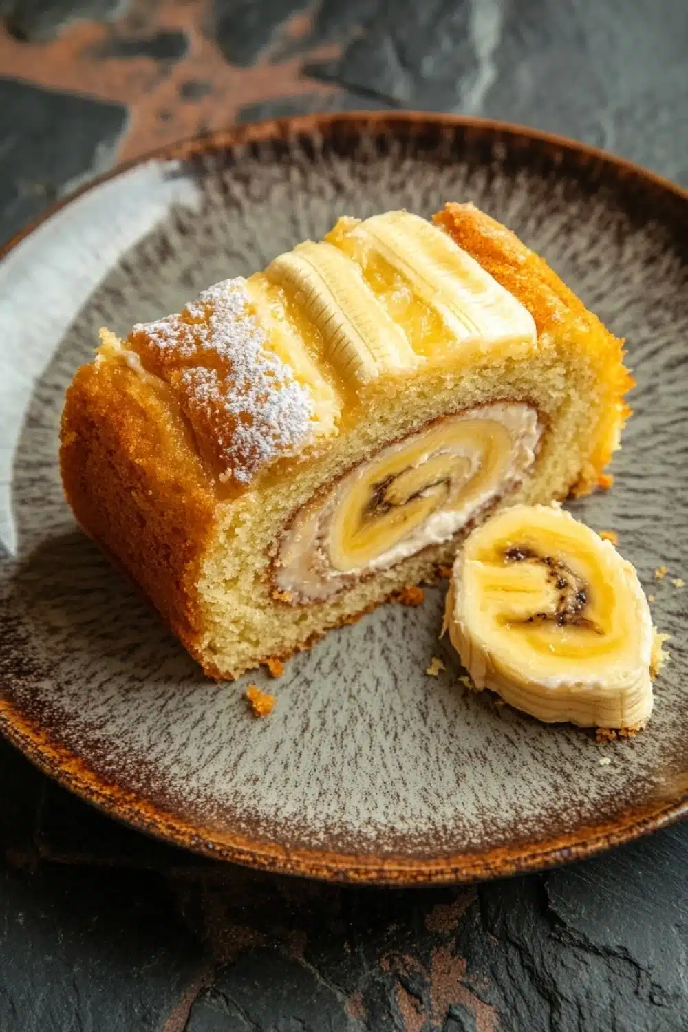 Banana cake roll - the image shows a slice of banana bread on a brown plate. the bread is golden brown in color and has a crumbly texture. it is dusted with powdered sugar, giving it a shiny appearance. the banana slices are arranged in a circular pattern on top of the bread, creating a swirl-like design. the plate is sitting on a dark grey textured surface, possibly a table or countertop. a small piece of the banana bread is cut in half, revealing the creamy filling inside.