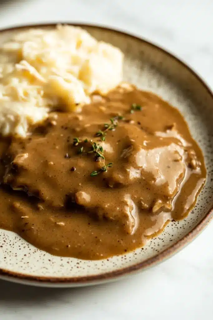 Beef chicken gravy - the image shows a plate of food with a serving of mashed potatoes and gravy. the plate is white with a brown rim and has a speckled pattern around the edges. the gravy is a rich, dark brown color and appears to be thick and creamy. on top of the gravy, there is a small sprig of thyme, adding a pop of green color to the dish. the mashed potatoes are white and fluffy, and the gravy is thick and thick. the dish is served on a white marble countertop.