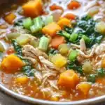 Butternut squash chicken quinoa soup - the image is a close-up of a bowl of soup. the soup appears to be a creamy orange color and is filled with chunks of chicken, carrots, celery, and other vegetables. the broth is thick and thick, and the vegetables are bright orange and green. the bowl is made of ceramic and has a dark brown rim. the background is blurred, but it seems to be an indoor setting with a white tablecloth.