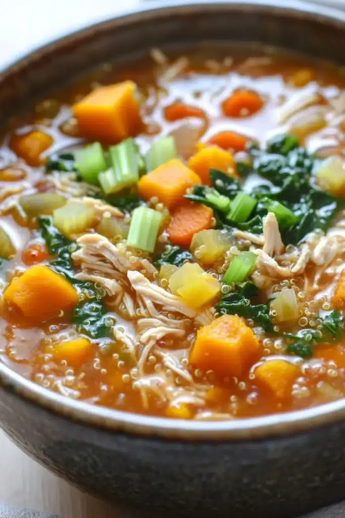 Butternut squash chicken quinoa soup - the image is a close-up of a bowl of soup. the soup appears to be a creamy orange color and is filled with chunks of chicken, carrots, celery, and other vegetables. the broth is thick and thick, and the vegetables are bright orange and green. the bowl is made of ceramic and has a dark brown rim. the background is blurred, but it seems to be an indoor setting with a white tablecloth.