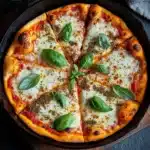 Cast iron skillet pizza - the image shows a large pizza in a black cast iron skillet on a wooden cutting board. the pizza has a golden brown crust and is topped with melted cheese and fresh basil leaves. the cheese is melted and bubbly, and there are small black pepper flakes scattered on top. the cutting board is placed on a dark grey countertop with a gray cloth napkin on the side. the overall aesthetic of the image is rustic and appetizing.