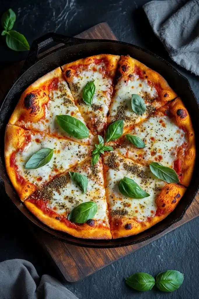 Cast iron skillet pizza - the image shows a large pizza in a black cast iron skillet on a wooden cutting board. the pizza has a golden brown crust and is topped with melted cheese and fresh basil leaves. the cheese is melted and bubbly, and there are small black pepper flakes scattered on top. the cutting board is placed on a dark grey countertop with a gray cloth napkin on the side. the overall aesthetic of the image is rustic and appetizing.