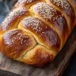 Challah bread - the image shows a freshly baked loaf of bread on a wooden cutting board. the bread is golden brown in color and has a braided pattern on top. it is covered in sesame seeds, giving it a crunchy texture. the cutting board is placed on a dark grey countertop with a few sprigs of greenery in the background. the overall mood of the image is rustic and cozy.