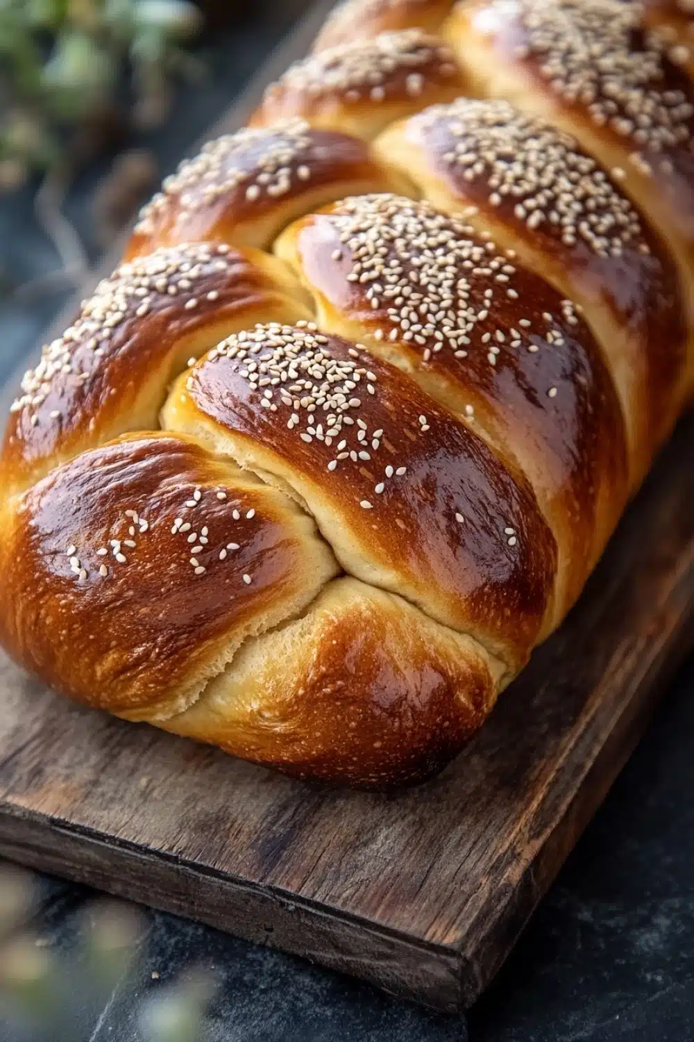 Challah bread - the image shows a freshly baked loaf of bread on a wooden cutting board. the bread is golden brown in color and has a braided pattern on top. it is covered in sesame seeds, giving it a crunchy texture. the cutting board is placed on a dark grey countertop with a few sprigs of greenery in the background. the overall mood of the image is rustic and cozy.