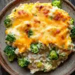 Cheesy chicken rice broccoli casserole - the image is a close-up of a dish in a brown ceramic bowl. the dish appears to be a casserole or risotto, with a layer of melted cheese on top. the cheese is golden brown and bubbly, and there are small pieces of broccoli scattered throughout the dish. the broccoli is bright green and looks fresh and healthy. the rice is white and fluffy, and the dish is garnished with chopped green onions. the bowl is sitting on a wooden table.