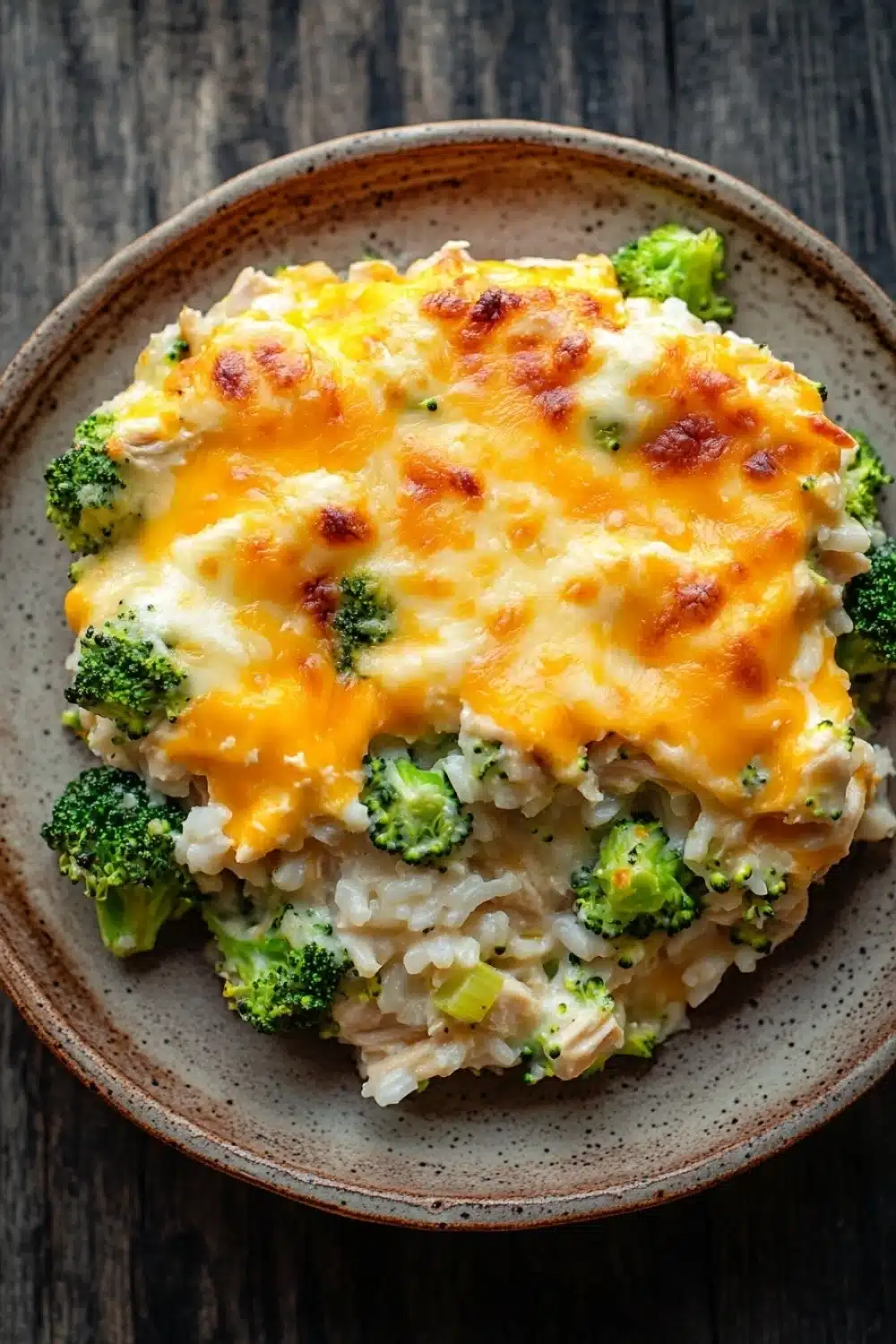 Cheesy chicken rice broccoli casserole - the image is a close-up of a dish in a brown ceramic bowl. the dish appears to be a casserole or risotto, with a layer of melted cheese on top. the cheese is golden brown and bubbly, and there are small pieces of broccoli scattered throughout the dish. the broccoli is bright green and looks fresh and healthy. the rice is white and fluffy, and the dish is garnished with chopped green onions. the bowl is sitting on a wooden table.