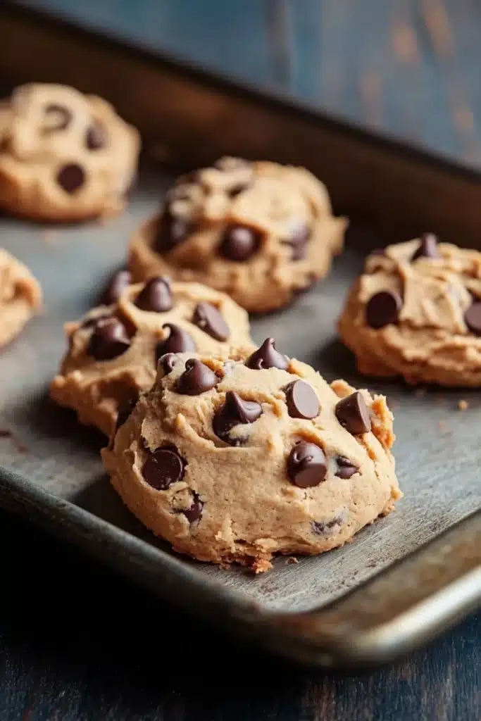 Chewy cookie dough - the image shows a baking tray lined with freshly baked chocolate chip cookies. the cookies are golden brown and appear to be soft and chewy. they are arranged in a single layer on the tray, with some overlapping each other. the tray is placed on a wooden table, and the background is blurred, making the cookies the focal point of the image.