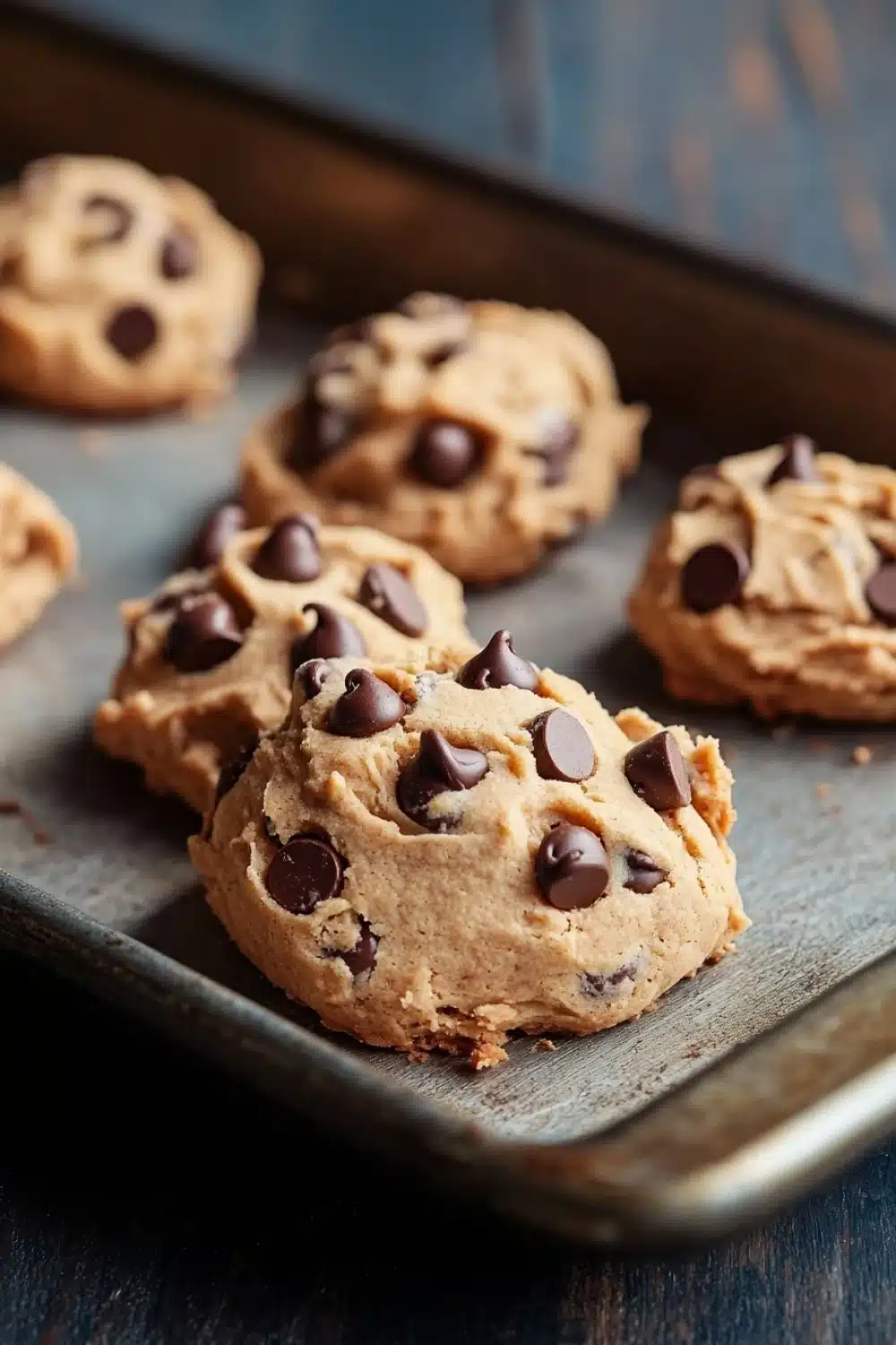 Chewy cookie dough - the image shows a baking tray lined with freshly baked chocolate chip cookies. the cookies are golden brown and appear to be soft and chewy. they are arranged in a single layer on the tray, with some overlapping each other. the tray is placed on a wooden table, and the background is blurred, making the cookies the focal point of the image.