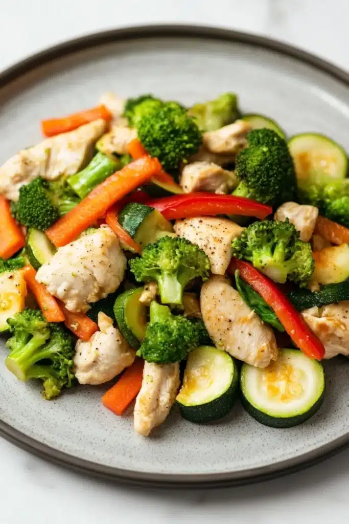 Chicken and veggie freezer packs - the image is a close-up of a plate of stir-fry with chicken, broccoli, zucchini, and carrots. the chicken is cut into small pieces and is arranged in a circular pattern on the plate. the vegetables are bright green and appear to be seasoned with herbs and spices. the plate is gray and has a textured surface. the background is blurred, but it appears to be a kitchen countertop.