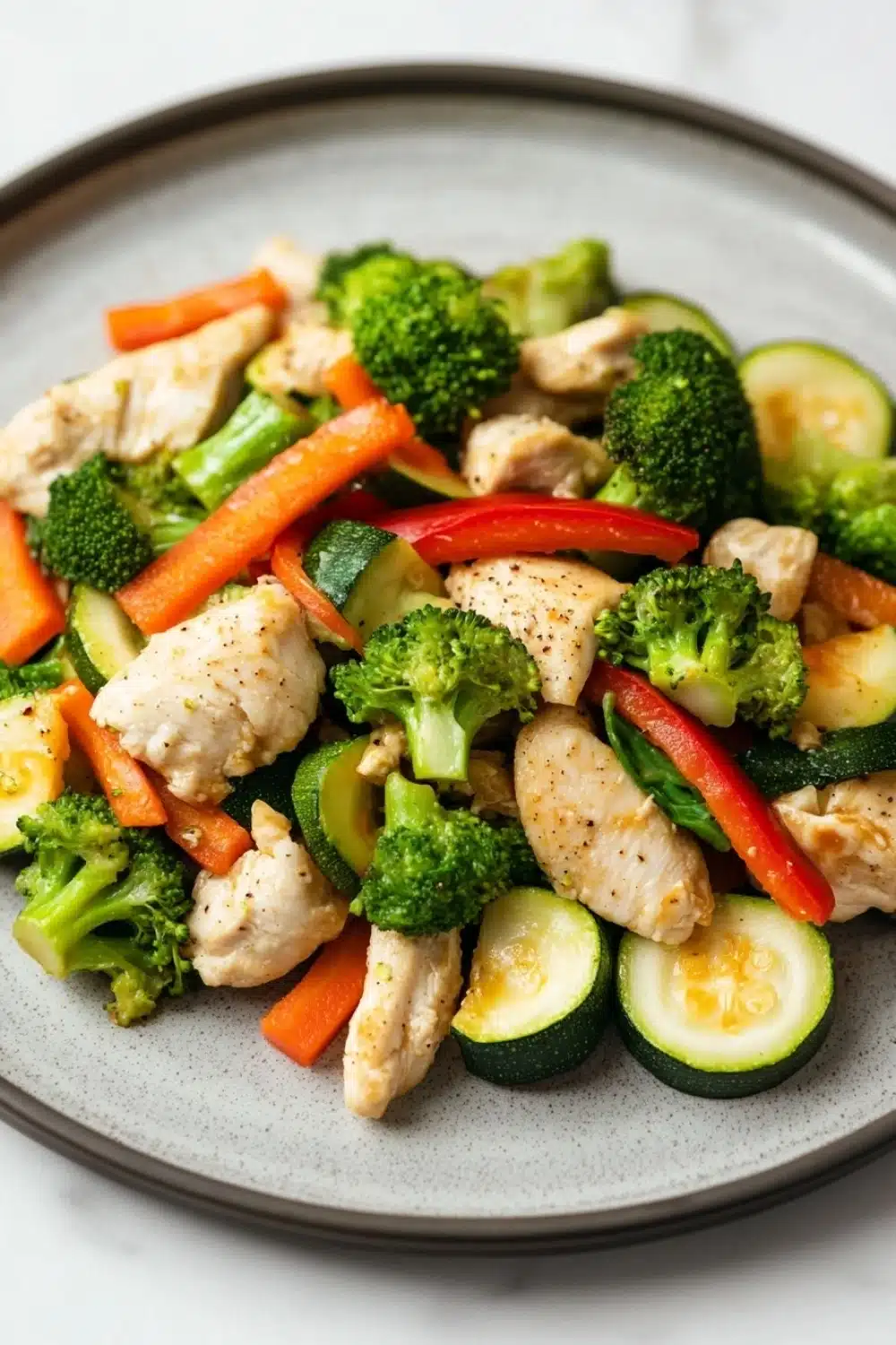 Chicken and veggie freezer packs - the image is a close-up of a plate of stir-fry with chicken, broccoli, zucchini, and carrots. the chicken is cut into small pieces and is arranged in a circular pattern on the plate. the vegetables are bright green and appear to be seasoned with herbs and spices. the plate is gray and has a textured surface. the background is blurred, but it appears to be a kitchen countertop.