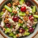 Chicken salad no mayo greek yogurt - the image is a close-up of a bowl of salad. the salad is made up of various ingredients, including chicken, celery, red onions, and walnuts. the chicken is cooked to a golden brown color and appears to be seasoned with herbs and spices. the celery is cut into thin strips and is scattered throughout the salad, while the red onions are sliced into small pieces. the walnuts are scattered throughout, adding a crunchy texture to the dish. there are also a few sprigs of parsley scattered around the bowl. the bowl is sitting on a light-colored wooden table.