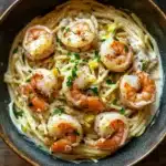 Creamy cajun shrimp scampi over pasta - the image is a close-up of a bowl of pasta dish. the pasta appears to be fettuccine alfredo, with a creamy sauce and chunks of shrimp scattered throughout. the shrimp are cooked medium-sized and have a pinkish-orange color. the sauce is a light yellow color and is drizzled over the top of the pasta. the dish is garnished with chopped herbs, likely parsley or cilantro. the bowl is made of dark brown ceramic and is sitting on a wooden table.