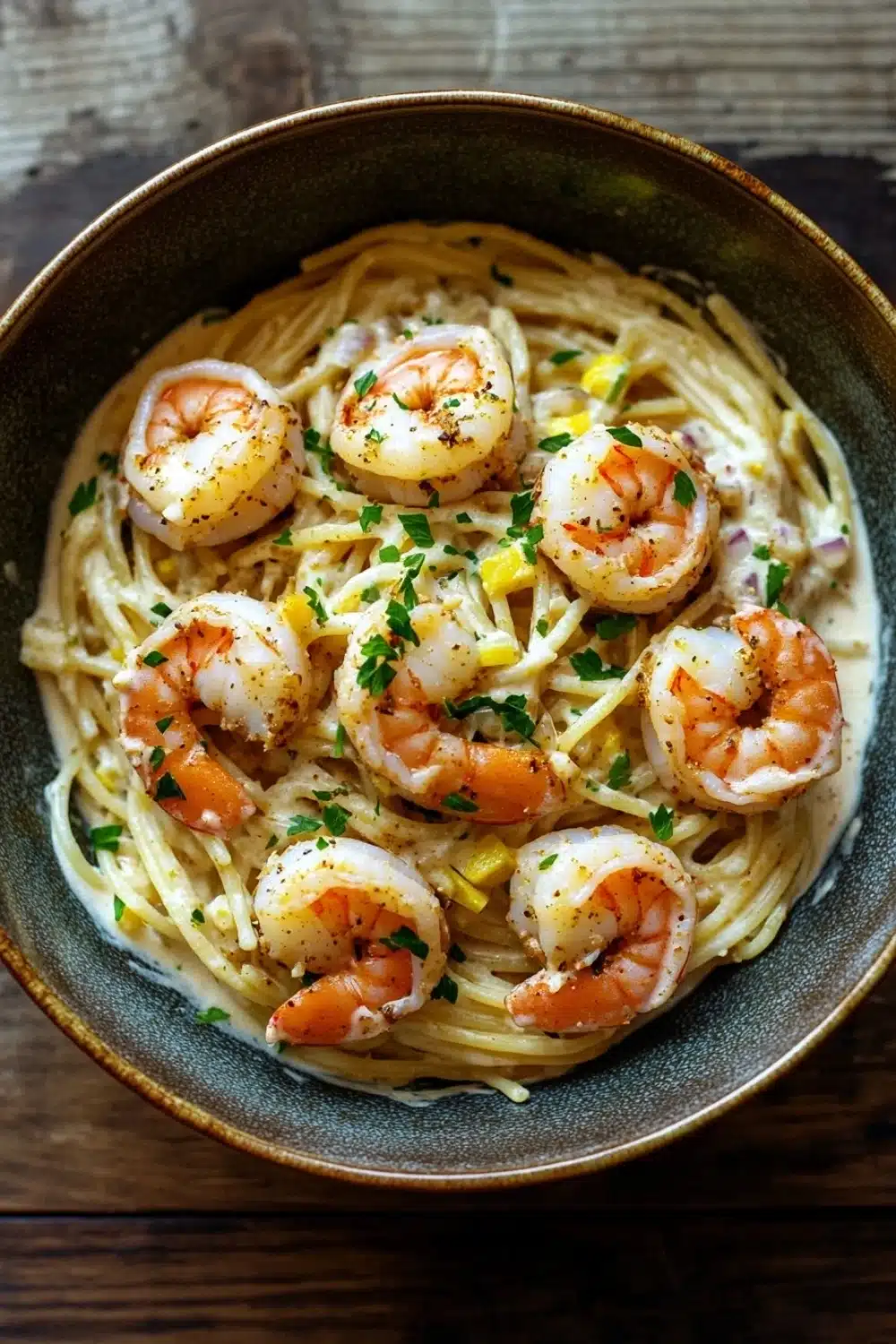 Creamy cajun shrimp scampi over pasta - the image is a close-up of a bowl of pasta dish. the pasta appears to be fettuccine alfredo, with a creamy sauce and chunks of shrimp scattered throughout. the shrimp are cooked medium-sized and have a pinkish-orange color. the sauce is a light yellow color and is drizzled over the top of the pasta. the dish is garnished with chopped herbs, likely parsley or cilantro. the bowl is made of dark brown ceramic and is sitting on a wooden table.