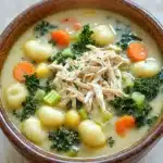Creamy chicken gnocchi kale soup - the image is a close-up of a bowl of soup. the soup appears to be a creamy yellow color with chunks of chicken and vegetables mixed in. the bowl is made of ceramic and has a brown rim. the vegetables include carrots, celery, and kale. the broth is thick and creamy, and the soup looks thick and thick. there are also small chunks of white chicken scattered throughout the soup.
