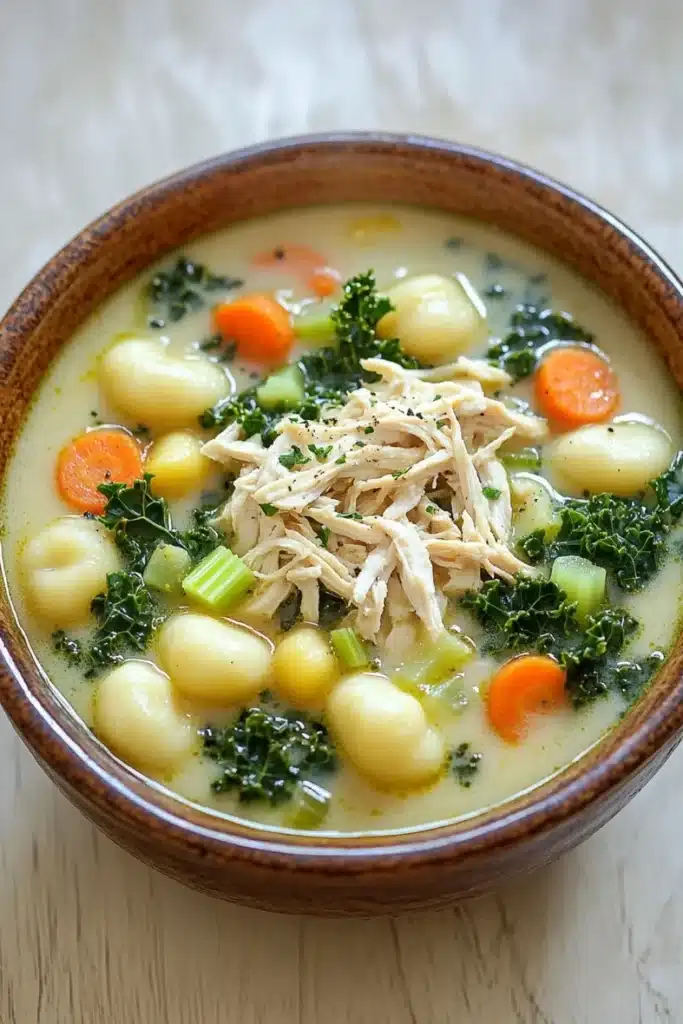 Creamy chicken gnocchi kale soup - the image is a close-up of a bowl of soup. the soup appears to be a creamy yellow color with chunks of chicken and vegetables mixed in. the bowl is made of ceramic and has a brown rim. the vegetables include carrots, celery, and kale. the broth is thick and creamy, and the soup looks thick and thick. there are also small chunks of white chicken scattered throughout the soup.