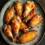 Crispy chicken wings baked - the image shows a plate of chicken wings on a wooden table. the wings are arranged in a circular pattern on the plate, with each wing slightly overlapping the one below it. the chicken wings are golden brown and appear to be seasoned with herbs and spices. the plate is made of a light-colored ceramic or porcelain material and has a textured surface. the background is dark and out of focus, making the wings the focal point of the image.