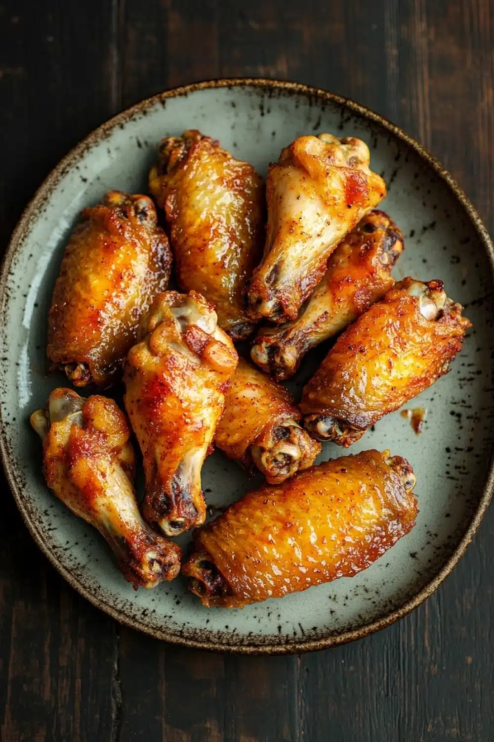Crispy chicken wings baked - the image shows a plate of chicken wings on a wooden table. the wings are arranged in a circular pattern on the plate, with each wing slightly overlapping the one below it. the chicken wings are golden brown and appear to be seasoned with herbs and spices. the plate is made of a light-colored ceramic or porcelain material and has a textured surface. the background is dark and out of focus, making the wings the focal point of the image.