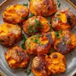 Crispy smashed sweet potatoes air fryer - the image shows a plate of roasted sweet potatoes on a wooden table. the potatoes are golden brown and appear to be seasoned with herbs and spices. they are arranged in a circular pattern on the plate, with some overlapping each other. the plate is made of light-colored wood and has a textured surface. there are a few sprigs of parsley scattered around the plate. the overall appearance of the dish is savory and appetizing.