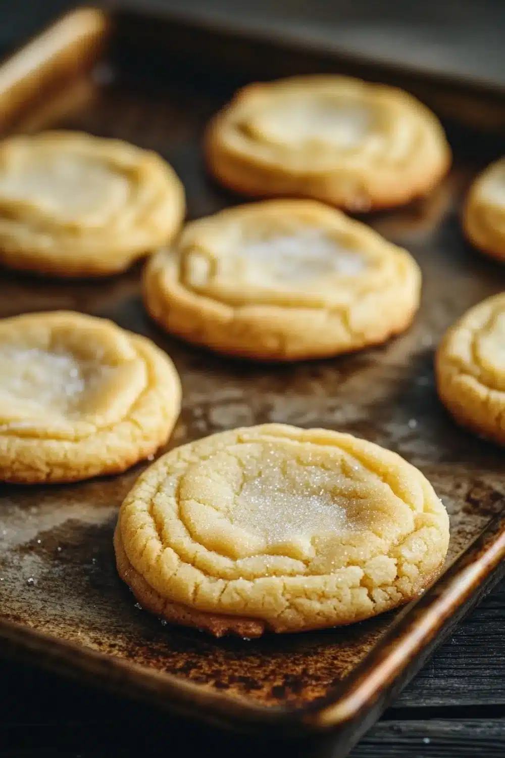 Crispy sugar cookie cut out - the image shows a tray of freshly baked cookies on a wooden table. the cookies are round and golden brown in color, with a crumbly texture on top. they are arranged in a single layer on the tray, with some overlapping each other. some of the cookies have a light dusting of powdered sugar on top, indicating that they have been freshly baked. the tray is lined with parchment paper, and the background is blurred, making the cookies the focal point of the image.