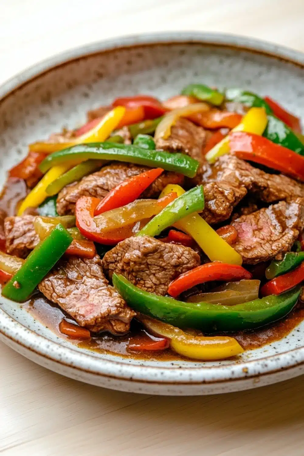 Crock pot beef pepper steak - the image is a close-up of a plate of food. the plate is white with a speckled pattern and is placed on a wooden table. the food appears to be a stir-fry dish with chunks of beef and colorful bell peppers. the beef is cooked medium-rare and the peppers are bright red, yellow, and green. the peppers are arranged in a pile on top of the beef, with some overlapping each other. the sauce is a dark brown color and is drizzled over the top. the dish looks appetizing and ready to eat.