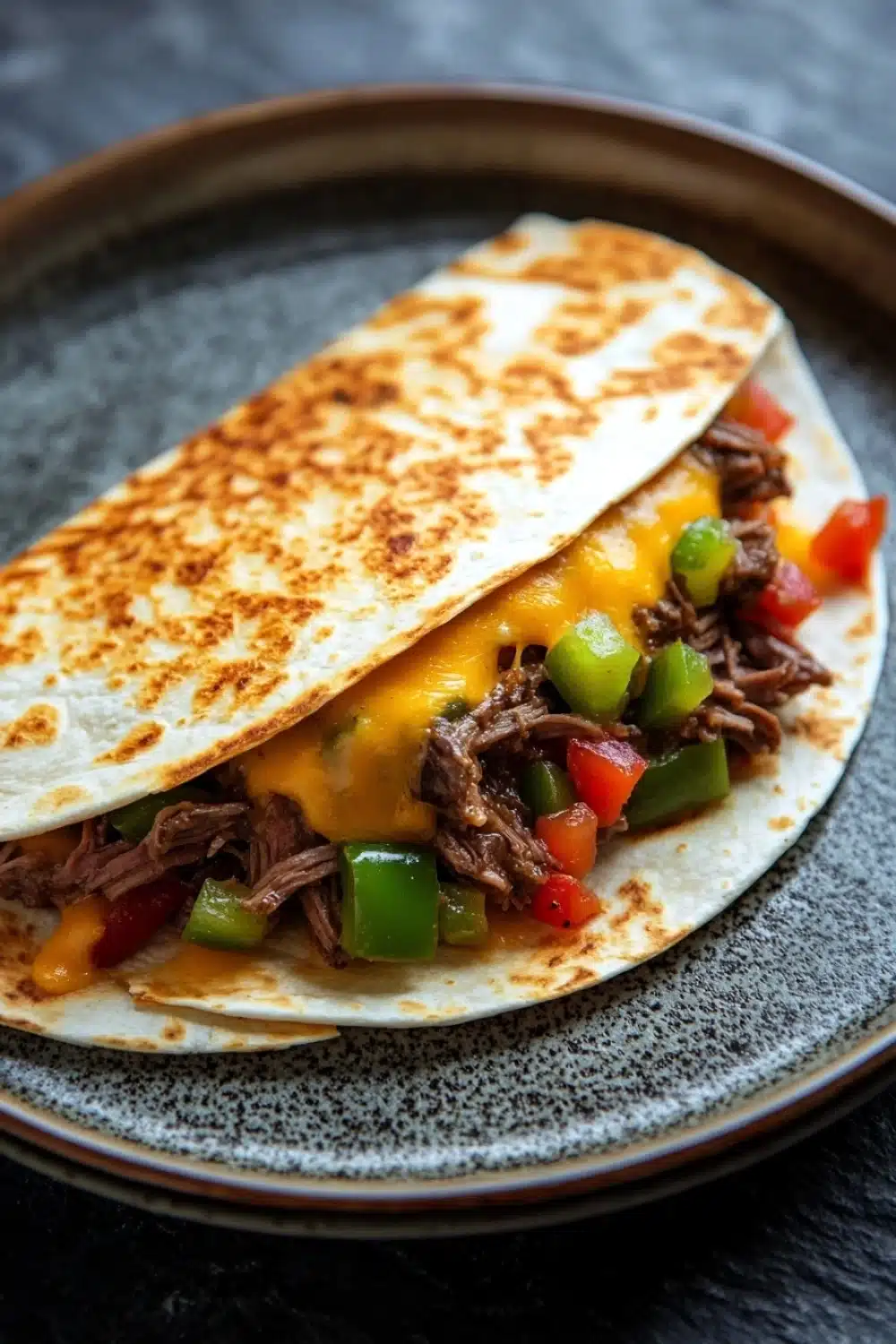 Crock pot beef quesadilla - the image shows a plate with a quesadilla on it. the plate is made of dark grey ceramic with a speckled pattern. on top of the quesads, there is a layer of shredded beef, diced red and green bell peppers, and a dollop of melted cheese. the beef appears to be cooked medium-rare and is cut into small pieces. the cheese is a bright yellow color and is melted and bubbly. the peppers are bright red and appear to be seasoned with herbs and spices. the dish looks appetizing and ready to eat.