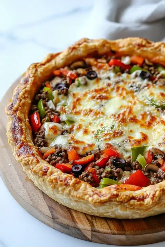 Deep dish pizza pot pie - the image is of a freshly baked pizza on a wooden cutting board. the pizza has a golden brown crust and is topped with melted cheese, black olives, red bell peppers, and ground beef. the toppings are arranged in a circular pattern around the edges of the crust. the background is a white marble countertop.