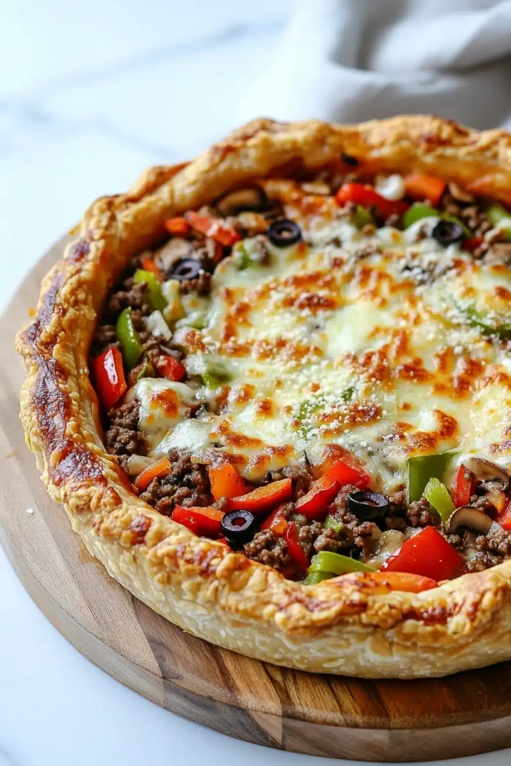 Deep dish pizza pot pie - the image is of a freshly baked pizza on a wooden cutting board. the pizza has a golden brown crust and is topped with melted cheese, black olives, red bell peppers, and ground beef. the toppings are arranged in a circular pattern around the edges of the crust. the background is a white marble countertop.