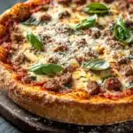 Deep dish pizza tattoo - the image is a close-up of a pizza on a wooden cutting board. the pizza is round and has a golden-brown crust. it is topped with melted cheese, chunks of meat, and fresh basil leaves. the cheese is melted and bubbly, and there are small pieces of tomato sauce scattered throughout the pizza. the background is a dark grey countertop with a white cloth napkin on the side. the overall aesthetic of the image is rustic and appetizing.