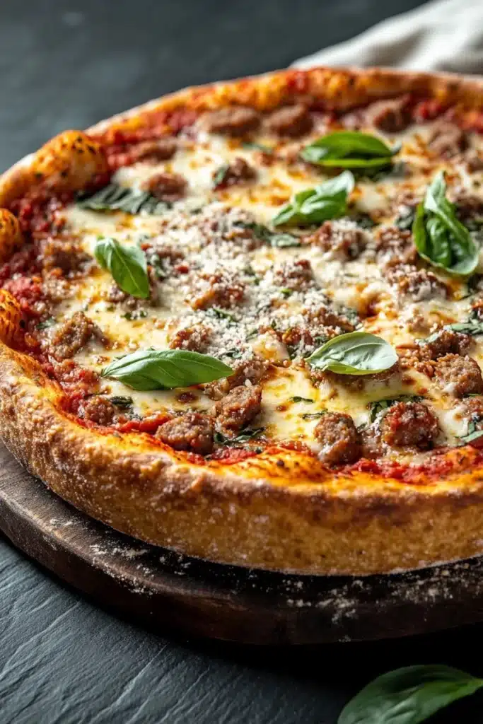 Deep dish pizza tattoo - the image is a close-up of a pizza on a wooden cutting board. the pizza is round and has a golden-brown crust. it is topped with melted cheese, chunks of meat, and fresh basil leaves. the cheese is melted and bubbly, and there are small pieces of tomato sauce scattered throughout the pizza. the background is a dark grey countertop with a white cloth napkin on the side. the overall aesthetic of the image is rustic and appetizing.