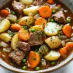 Freezer beef stew crock pot - the image is a close-up of a bowl of beef stew. the stew is made with chunks of beef, carrots, potatoes, and peas. the beef is cooked medium-rare and appears to be seasoned with herbs and spices. the carrots are bright orange and the potatoes are yellow. the peas are green and appear to be fresh. the bowl is made of ceramic and is sitting on a white marble countertop.