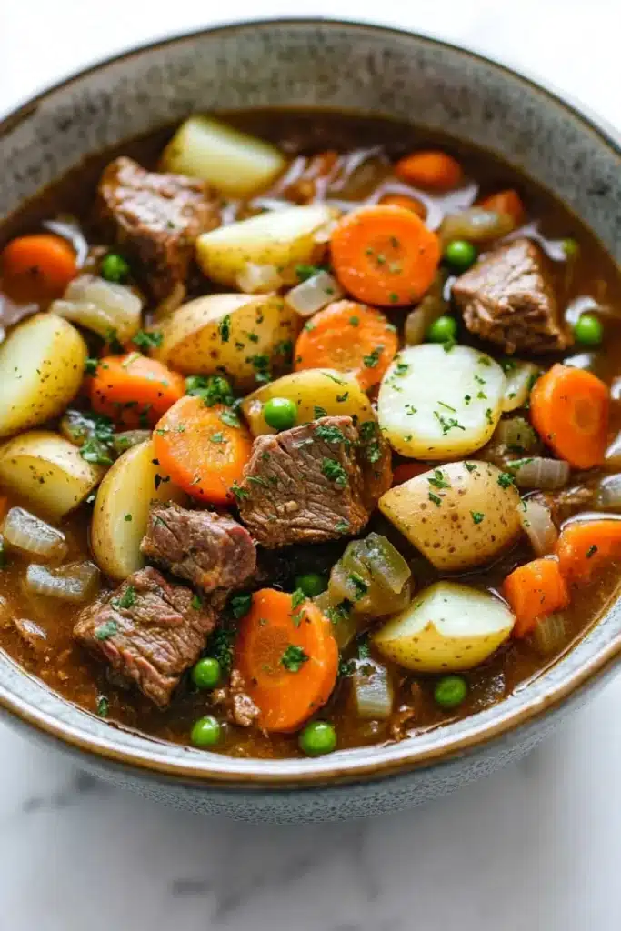 Freezer beef stew crock pot - the image is a close-up of a bowl of beef stew. the stew is made with chunks of beef, carrots, potatoes, and peas. the beef is cooked medium-rare and appears to be seasoned with herbs and spices. the carrots are bright orange and the potatoes are yellow. the peas are green and appear to be fresh. the bowl is made of ceramic and is sitting on a white marble countertop.