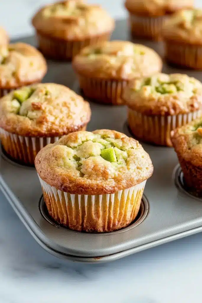 Green apple muffin - the image shows a muffin tin filled with freshly baked muffins. the muffins are golden brown in color and have a crumbly texture on top. they are arranged in a single layer on the tin, with some overlapping each other. some of the muffins have a bite taken out of one of them, revealing the green filling inside. the tin is placed on a white marble countertop.