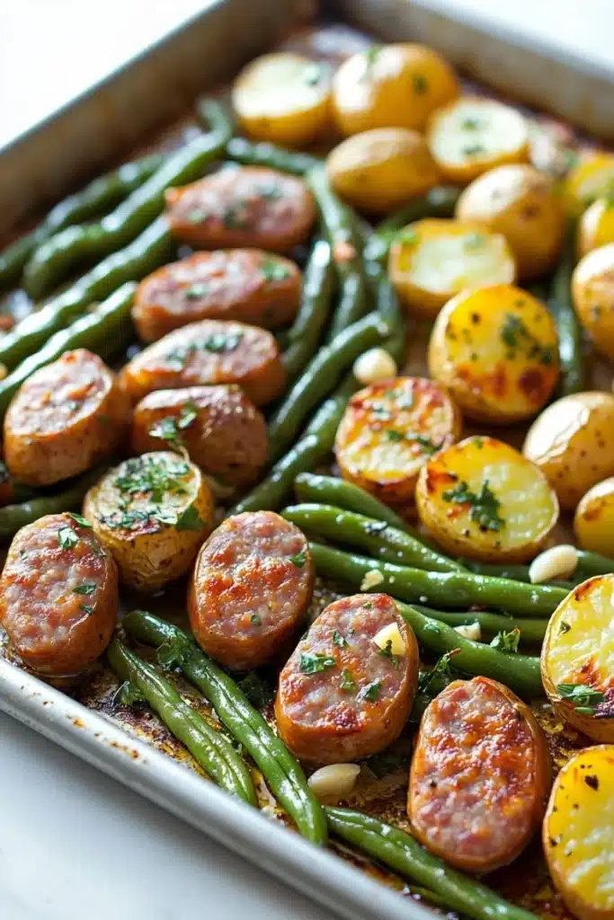 Green bean sausage sheet pan dinner - the image shows a baking tray filled with roasted potatoes and green beans. the potatoes are golden brown and appear to be seasoned with herbs and spices. the green beans are long and slender, and they are arranged in a single layer on the tray. the tray is lined with parchment paper, and there are small pieces of garlic scattered throughout the dish. the background is blurred, but it appears to be a kitchen countertop.