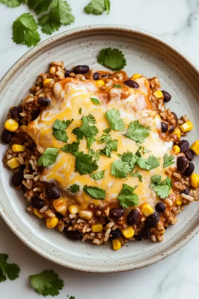 High protein beef enchilada skillet - the image shows a plate of food on a white marble countertop. the plate is round and has a light brown color. on top of the plate, there is a layer of ground beef, black beans, corn kernels, and rice. the beef appears to be cooked and has melted cheese on top. there are also a few sprigs of cilantro scattered around the plate. the overall presentation of the dish is colorful and appetizing.