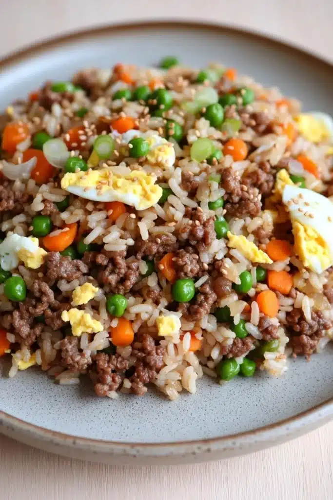 High protein korean beef fried rice - the image is a close-up of a plate of fried rice. the rice is brown and appears to be seasoned with minced meat and vegetables. there are small pieces of orange and green peas scattered throughout the dish. on top of the rice, there are two hard-boiled eggs. the plate is white with a speckled pattern. the background is a light beige color.