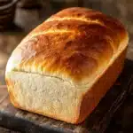 Homemade sandwich bread - the image shows a freshly baked loaf of bread on a wooden cutting board. the bread is golden brown in color and has a soft, fluffy texture. it is placed on a rustic wooden table with a small potted plant in the background. the cutting board is made of dark wood and is placed in the center of the image. the background is blurred, but it appears to be a kitchen countertop.