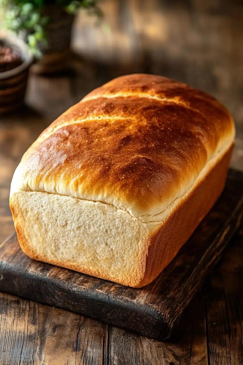 Homemade sandwich bread - the image shows a freshly baked loaf of bread on a wooden cutting board. the bread is golden brown in color and has a soft, fluffy texture. it is placed on a rustic wooden table with a small potted plant in the background. the cutting board is made of dark wood and is placed in the center of the image. the background is blurred, but it appears to be a kitchen countertop.