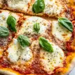 Italian sheet pan pizza - the image shows a freshly baked pizza on a wooden cutting board. the pizza has a golden brown crust and is topped with melted cheese, red sauce, and fresh basil leaves. the cheese is melted and bubbly, and there are small black pepper sprinkled on top. the board is placed on a white marble countertop.