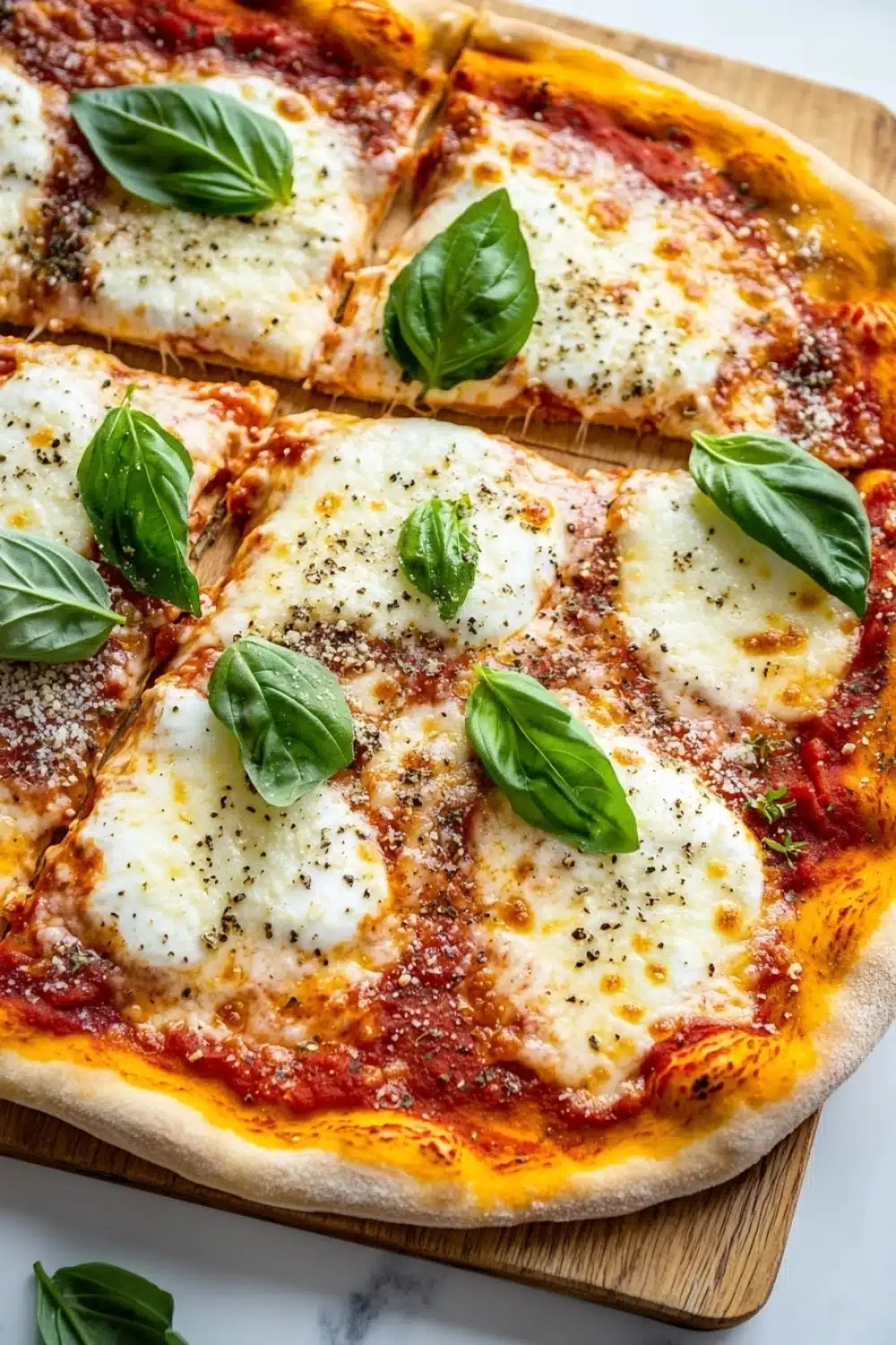 Italian sheet pan pizza - the image shows a freshly baked pizza on a wooden cutting board. the pizza has a golden brown crust and is topped with melted cheese, red sauce, and fresh basil leaves. the cheese is melted and bubbly, and there are small black pepper sprinkled on top. the board is placed on a white marble countertop.