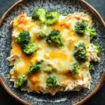 Keto chicken broccoli casserole - the image is a close-up of a dish in a brown ceramic bowl. the dish appears to be a casserole or lasagna, with a layer of melted cheese on top. the cheese is yellow and bubbly, and there are small pieces of broccoli scattered throughout the dish. the broccoli is bright green and looks fresh and healthy. the bowl is sitting on a dark grey countertop.