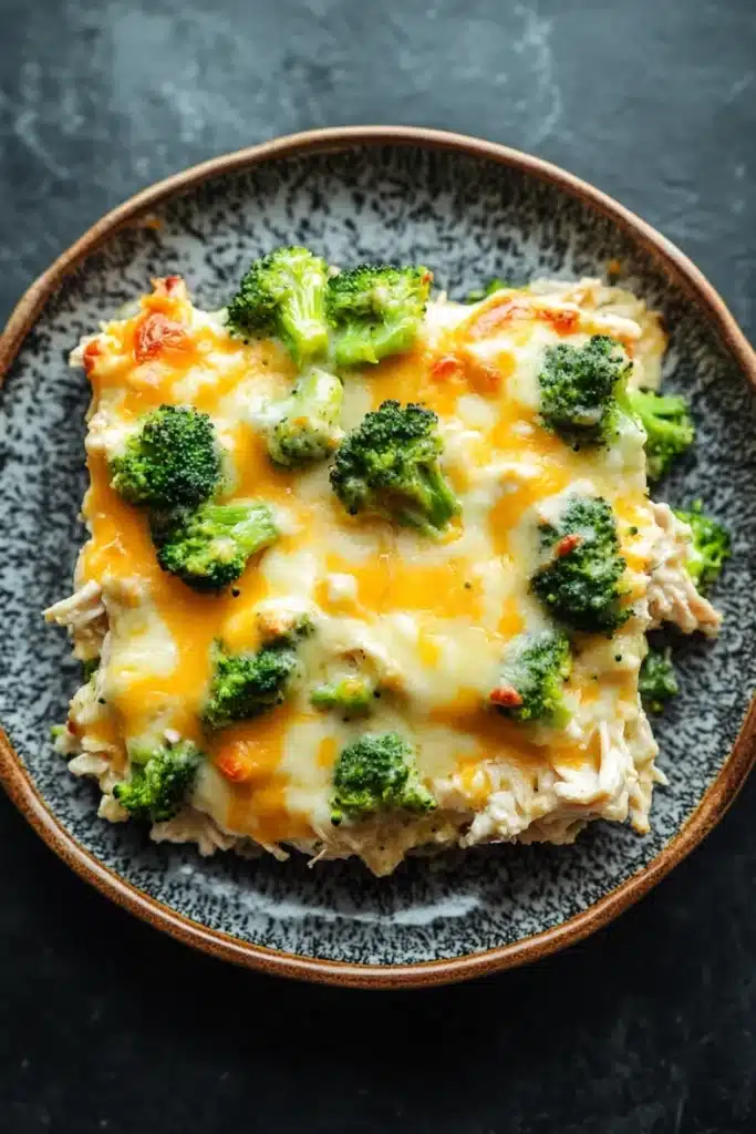 Keto chicken broccoli casserole - the image is a close-up of a dish in a brown ceramic bowl. the dish appears to be a casserole or lasagna, with a layer of melted cheese on top. the cheese is yellow and bubbly, and there are small pieces of broccoli scattered throughout the dish. the broccoli is bright green and looks fresh and healthy. the bowl is sitting on a dark grey countertop.