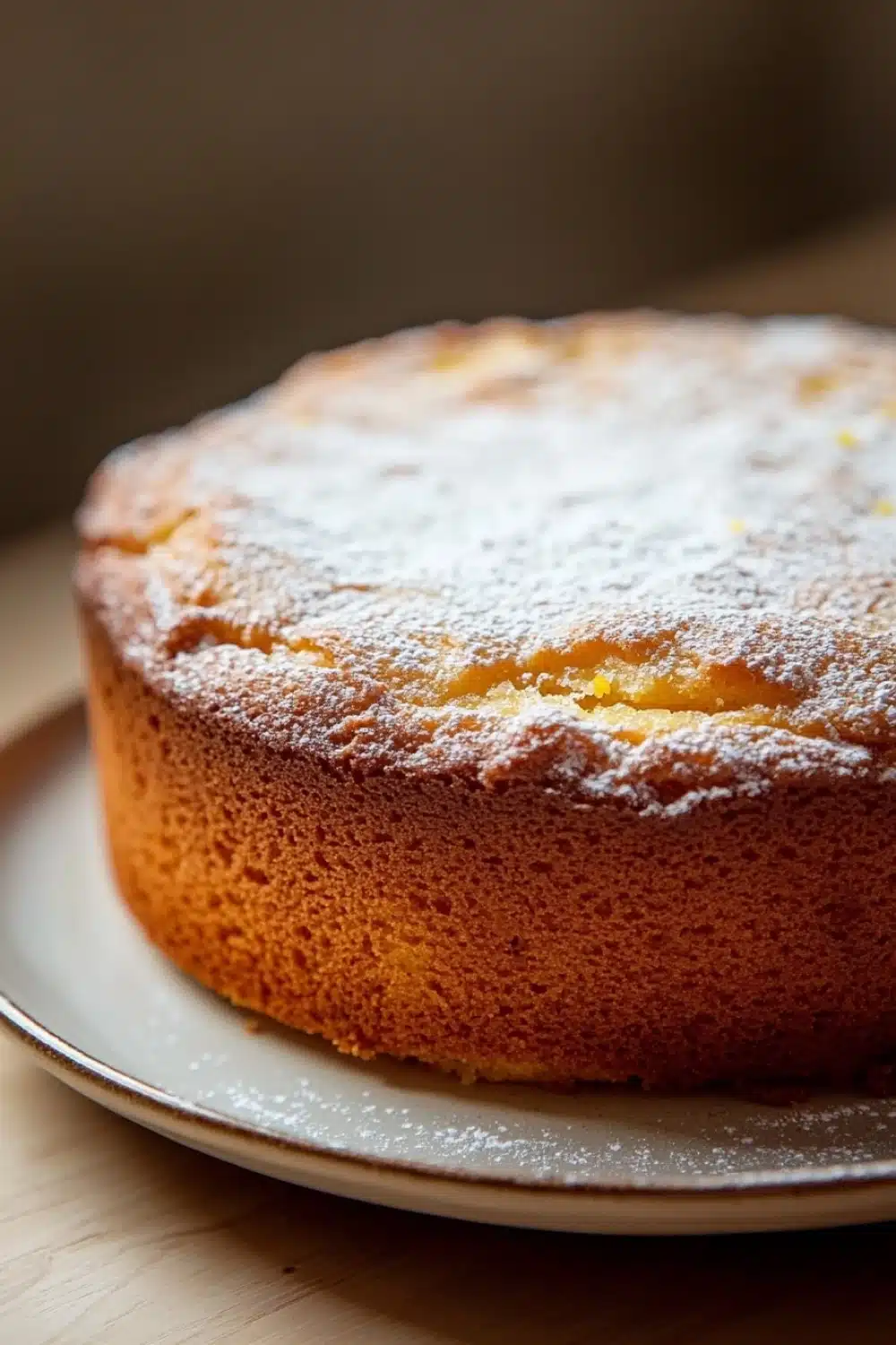 Lemon cake oil - the image is a close-up of a round cake on a white plate. the cake appears to be freshly baked and has a golden brown color. it is dusted with powdered sugar, giving it a shiny appearance. the plate is sitting on a wooden table, and the background is blurred, making the cake the focal point of the image.