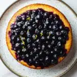 Lemon cake with blueberry pie filling - the image is of a round cake on a white plate with a speckled pattern. the cake appears to be a blueberry cake with a golden brown crust and a layer of blueberries on top. the blueberries are arranged in a circular pattern around the edges of the cake, with some of them overlapping each other. there are also some orange zest scattered throughout the cake. the plate is sitting on a marble countertop.