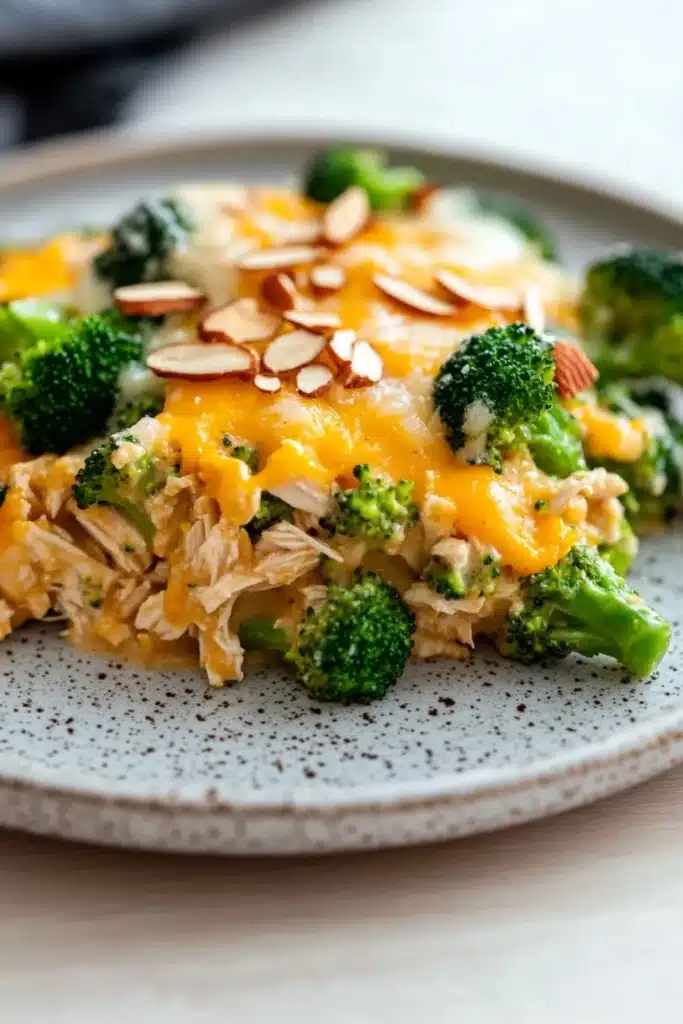 Macro chicken broccoli casserole - the image is a close-up of a plate of food. the plate is white with a speckled pattern and is placed on a wooden table. on top of the plate, there is a serving of broccoli casserole. the broccoli is cut into small pieces and is covered in a layer of melted cheese. there are also some sliced almonds scattered on top. the dish appears to be freshly cooked and ready to eat.