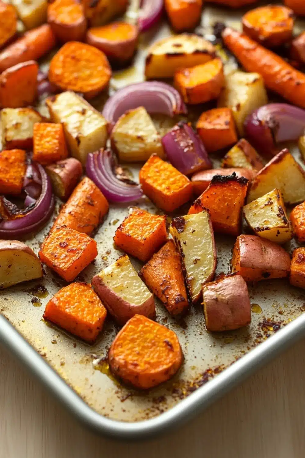 Maple roasted root vegetables - the image shows a baking tray filled with roasted sweet potatoes and red onions. the potatoes are golden brown and appear to be seasoned with herbs and spices. the carrots are cut into small cubes and are arranged in a single layer on the tray. the onions are sliced into thin strips and are scattered throughout the tray, adding a pop of color to the dish. the tray is lined with parchment paper and is sitting on a wooden table.