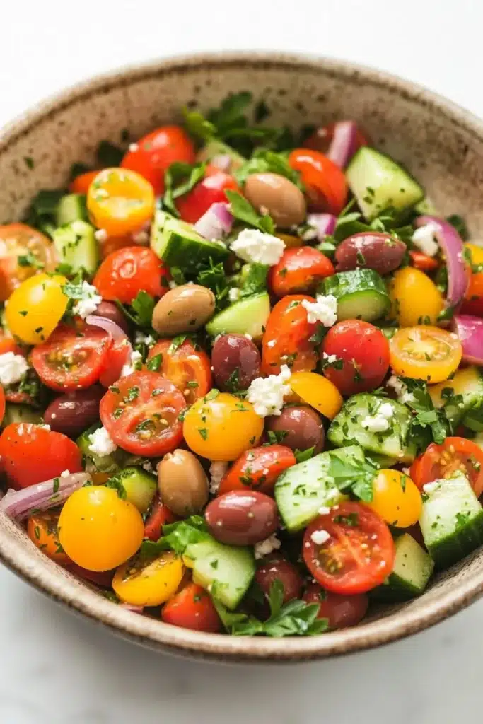 Mediterranean marinated vegetable salad - the image is a close-up of a colorful salad in a bowl. the salad is made up of various types of vegetables, including cherry tomatoes, cucumbers, olives, red onions, and feta cheese. the tomatoes are bright red and appear to be ripe and juicy. the cucumbers are cut into small cubes and are scattered throughout the salad. the olives are dark red and look ripe and ready to eat. the feta is crumbled and adds a creamy texture to the dish. the bowl is made of a light-colored material and is sitting on a white marble countertop.