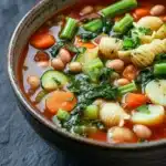 Minestrone soup classic - the image is a close-up of a bowl of soup. the soup appears to be a tomato-based broth with chunks of white beans, carrots, celery, and other vegetables mixed in. the bowl is made of ceramic and has a dark brown rim. the broth is a rich orange color and there are small chunks of green herbs scattered throughout the soup. on top of the soup, there are also some tortellini, zucchini, and kale. the vegetables are bright green and look fresh and vibrant. the background is a dark grey textured surface.