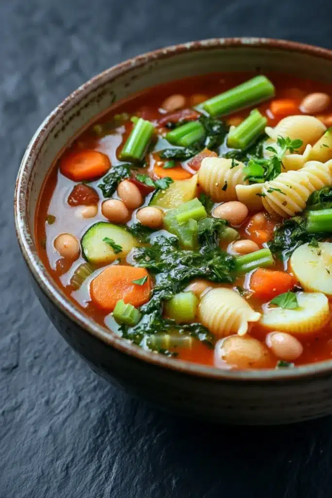 Minestrone soup classic - the image is a close-up of a bowl of soup. the soup appears to be a tomato-based broth with chunks of white beans, carrots, celery, and other vegetables mixed in. the bowl is made of ceramic and has a dark brown rim. the broth is a rich orange color and there are small chunks of green herbs scattered throughout the soup. on top of the soup, there are also some tortellini, zucchini, and kale. the vegetables are bright green and look fresh and vibrant. the background is a dark grey textured surface.