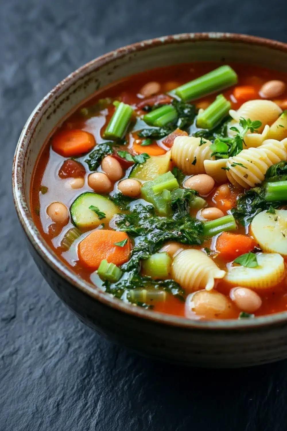 Minestrone soup classic - the image is a close-up of a bowl of soup. the soup appears to be a tomato-based broth with chunks of white beans, carrots, celery, and other vegetables mixed in. the bowl is made of ceramic and has a dark brown rim. the broth is a rich orange color and there are small chunks of green herbs scattered throughout the soup. on top of the soup, there are also some tortellini, zucchini, and kale. the vegetables are bright green and look fresh and vibrant. the background is a dark grey textured surface.